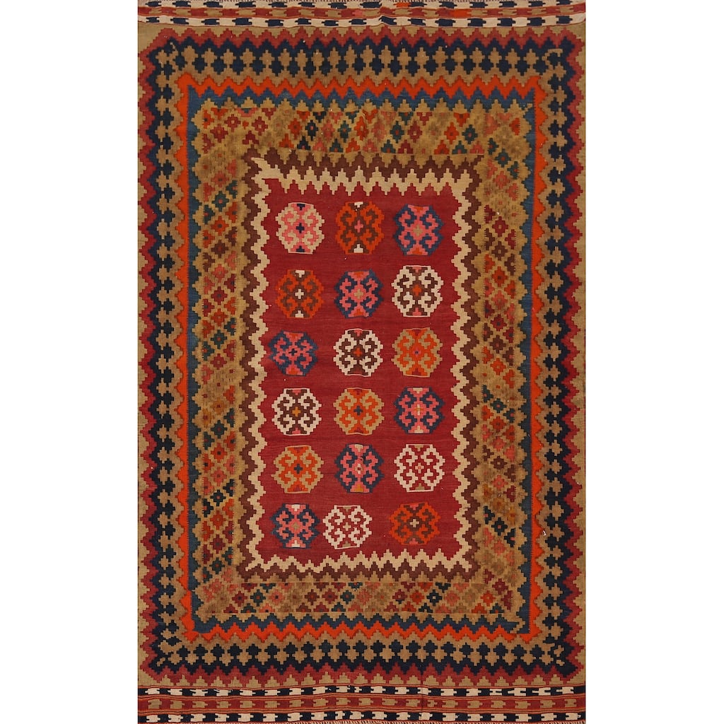 Kilim Qashqai Persian Vintage Area Rug Hand-Woven Tribal Wool Carpet - 5'3"x 7'9"
