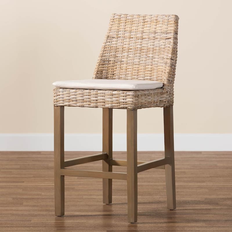 Toby Modern Bohemian Grey Kubu Rattan and Rustic Taupe Finished Mahogany Wood Counter Stool