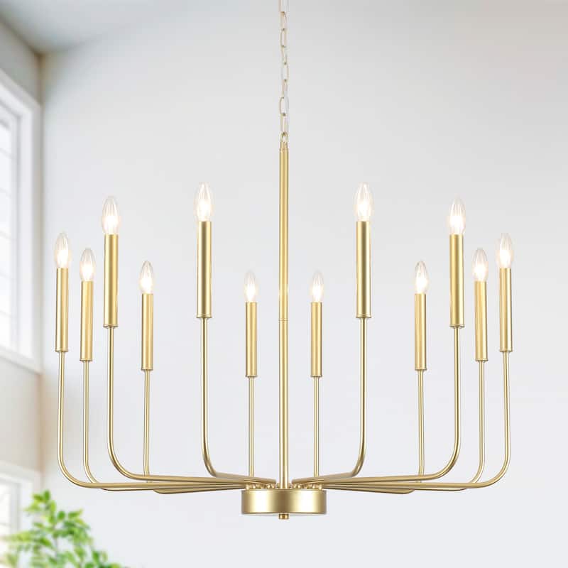 12-Light Rustic Candle Chandelier for Dining Room Living Room - W32.08" x H70.07" - N/A - Spray Gold
