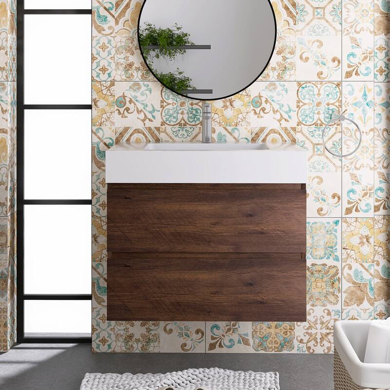 Single Sink Floating Bath Vanity in with Solid Surface Top - 30"x 18" x 25" - White+Walnut