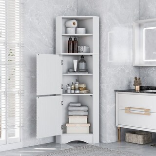 Bathroom Tall Corner Cabinet with Doors and Adjustable Shelves,White ...