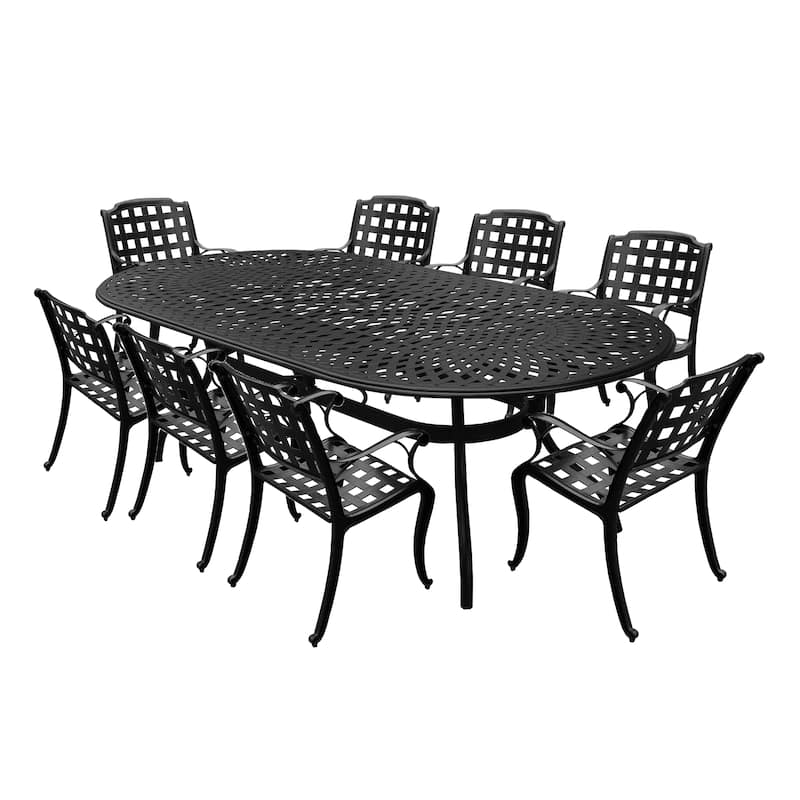 Modern Outdoor Mesh Lattice Aluminum 95-in Large Oval Patio Dining Set with Eight Arm Chairs - N/A - Black