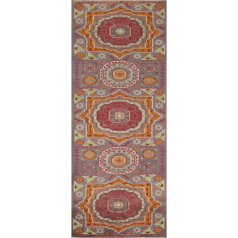 Geometric Kazak Oriental Runner Rug Handmade Wool Carpet - 2'6" X 7'11"