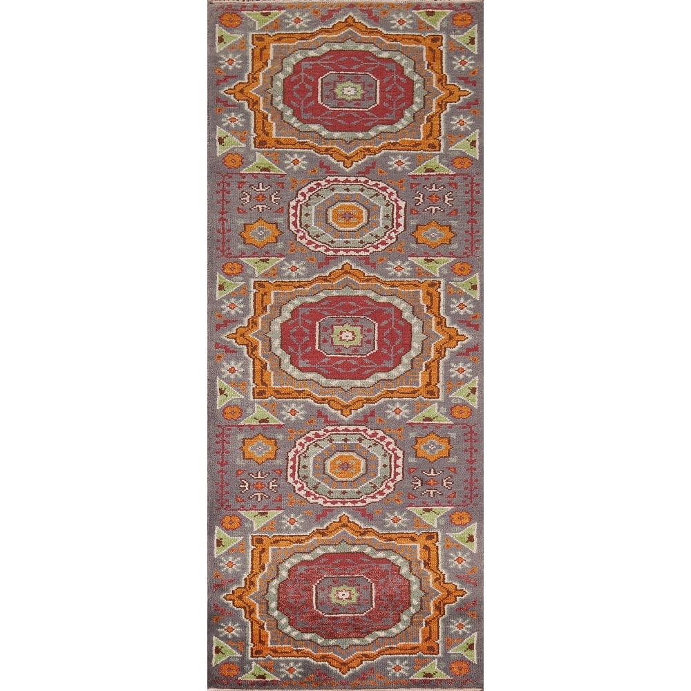 Geometric Kazak Oriental Runner Rug Handmade Wool Carpet - 2'6" X 7'11"