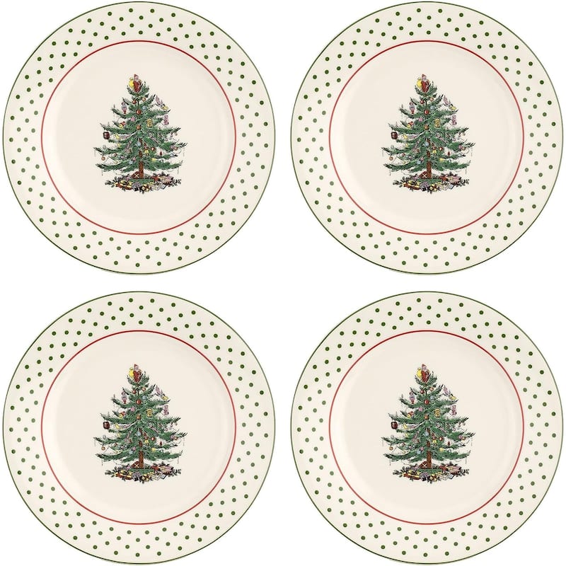 Spode Set of 4 Christmas Tree Polka Dessert Plates - Christmas Tree Polka