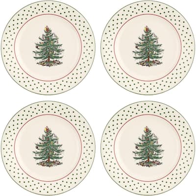 Spode Set of 4 Christmas Tree Polka Dessert Plates