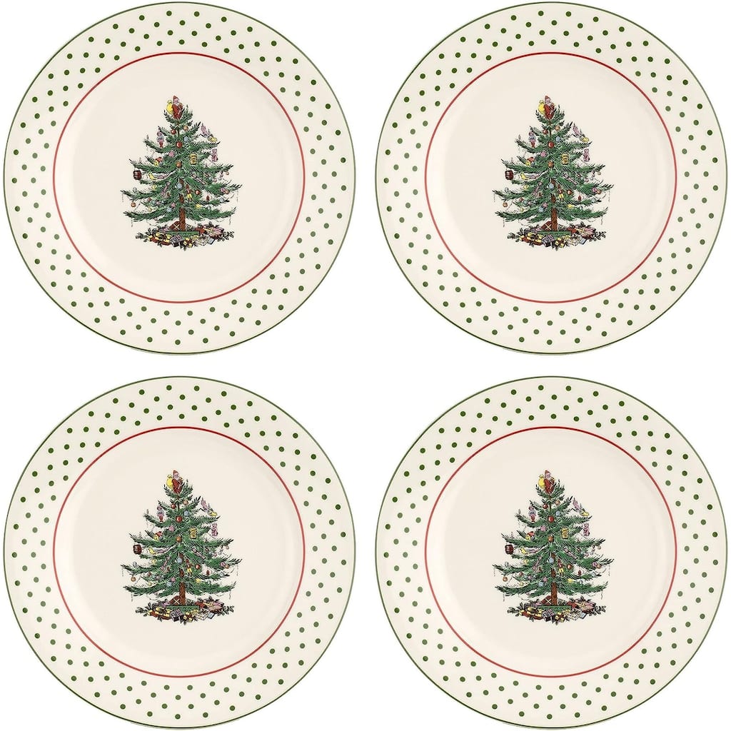 Spode Set of 4 Christmas Tree Polka Dessert Plates