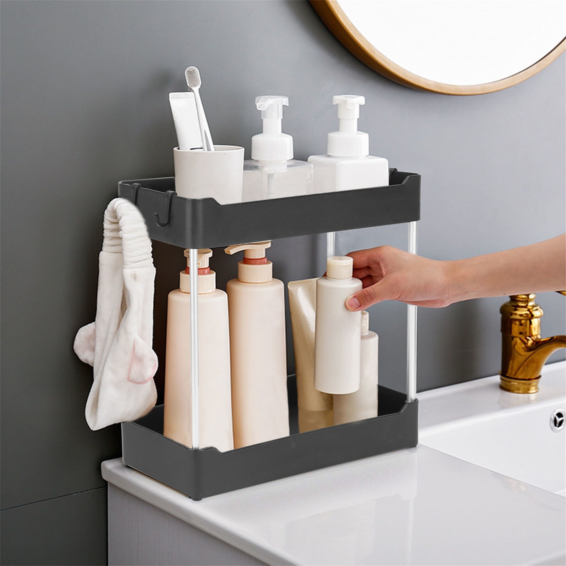 2-Tier Bathroom Sink Storage Rack, Kitchen Spice Shelf W/ 4 Hooks - On Sale  - Bed Bath & Beyond - 36814266