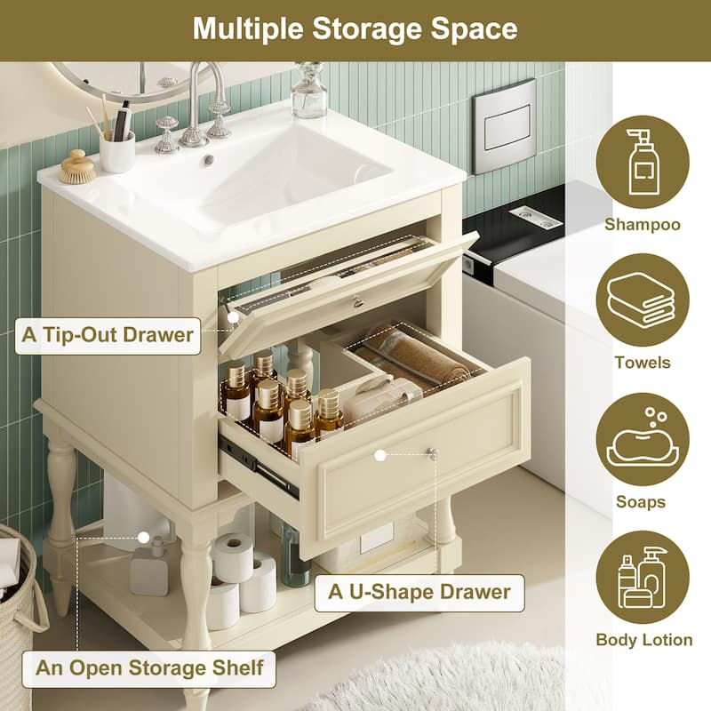 Retro Small Bathroom Vanity with Open Shelf, Ceramic Sink Cabinet