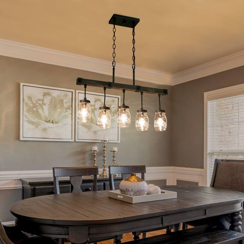 Walton Modern Farmhouse 5-Light Linear Chandelier Mason Jar Glass Kitchen Island Light - L 25.5" x W 3" x H 17"