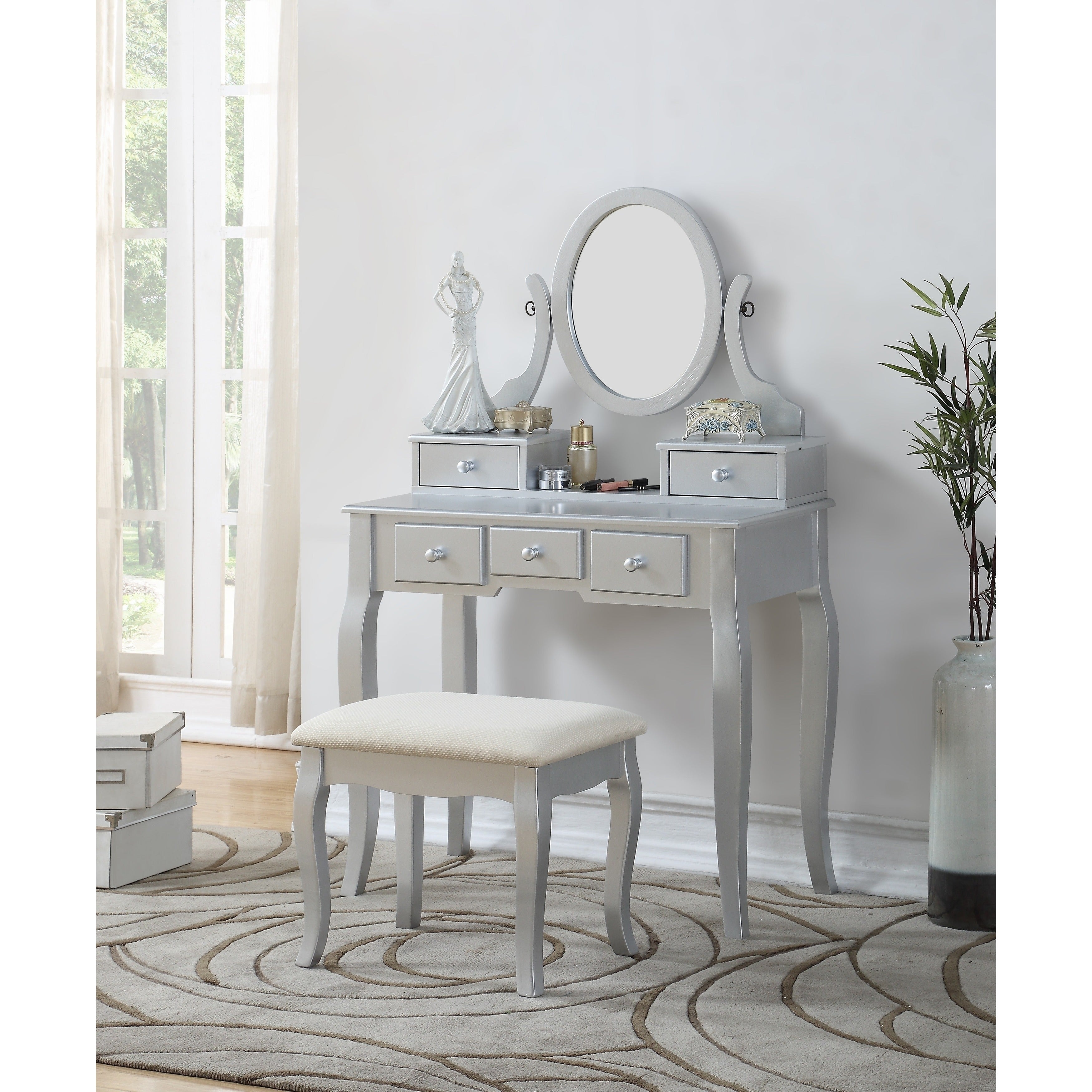 Roundhill Furniture Copper Grove Watt Wood Makeup Vanity Table and Stool Set