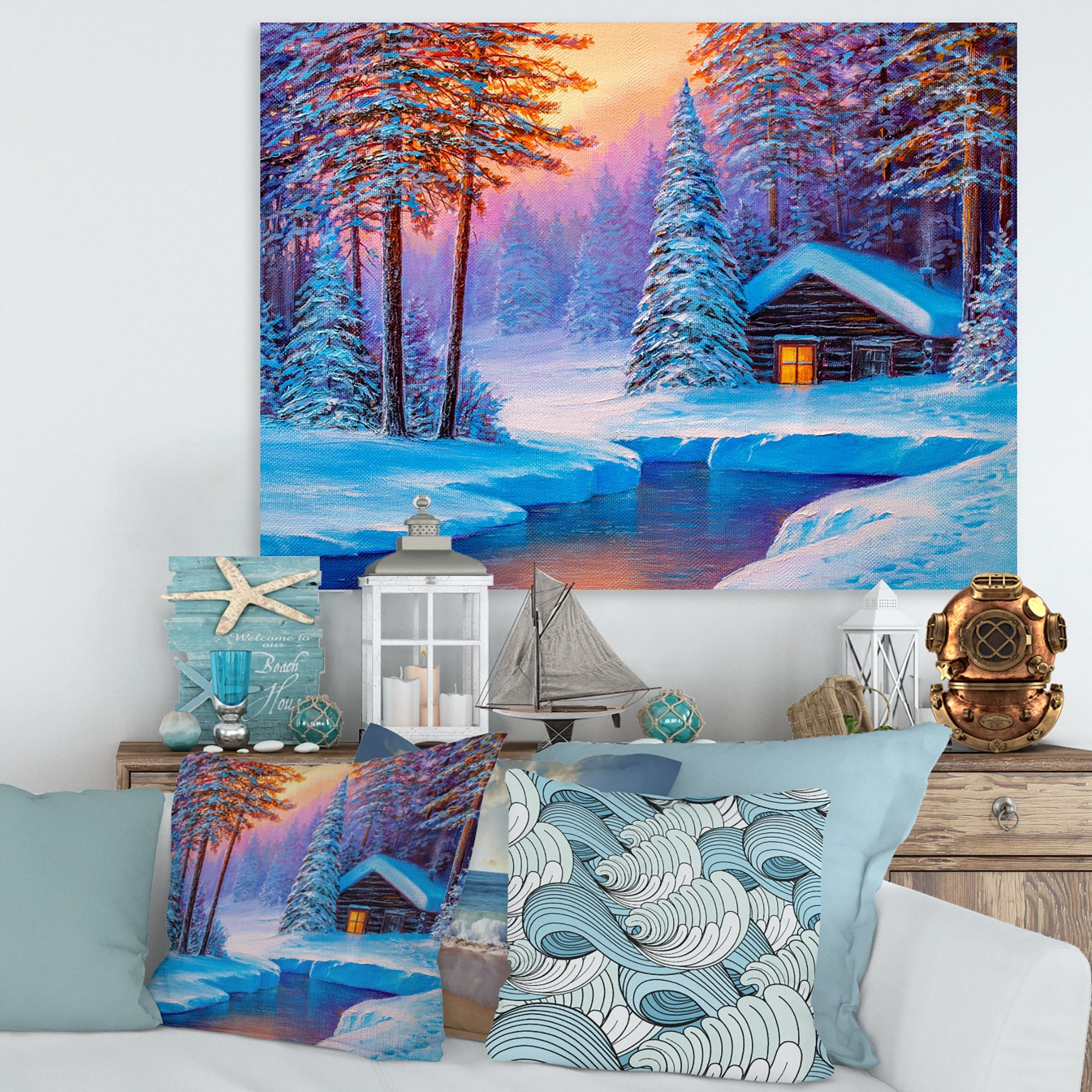 Designart "Old Cabin In Winter Forest I" Traditional Canvas Wall Art Print
