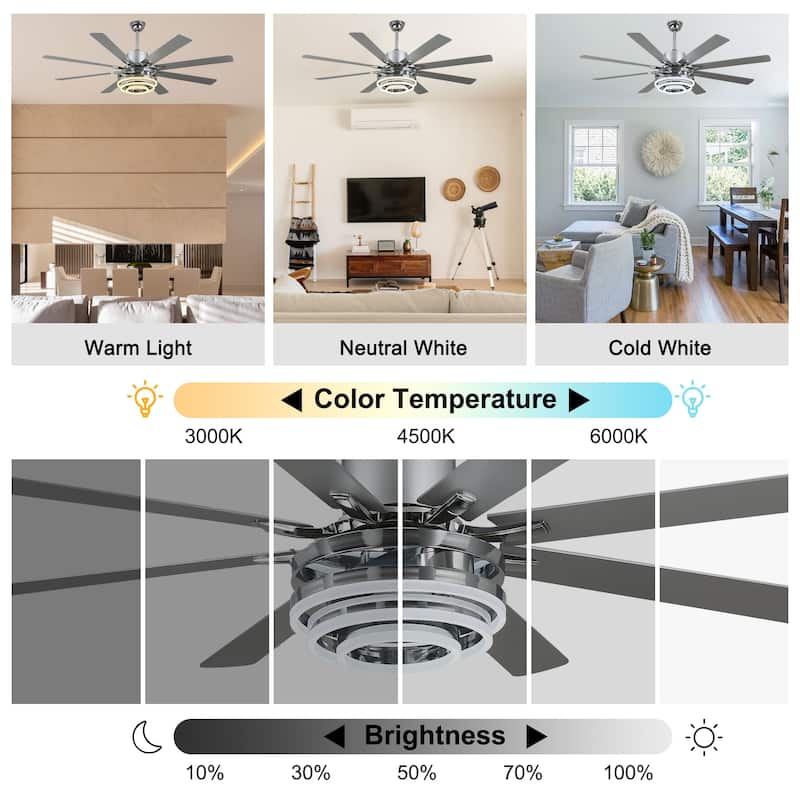 Bella Depot 72" Modern Large Ceiling Fan with Dimmable LED Light and Remote Control 6-Speed Reversible DIY Shade Chandelier