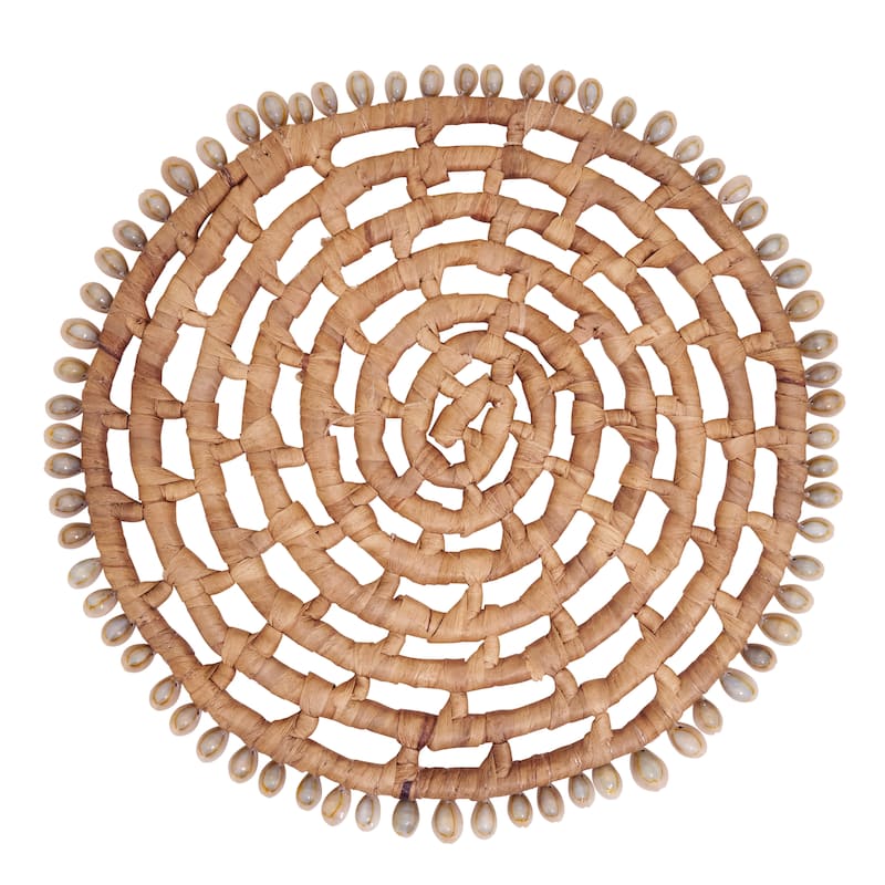 Shell Trimmed Water Hyacinth Round Placemats (Set of 4) - Handwoven Coastal Woven Design for Dining, Table Settings, 15"