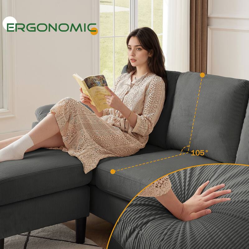 3 Pieces Corduroy Living Room Set with Sectional Sofa, Ottoman and Chair