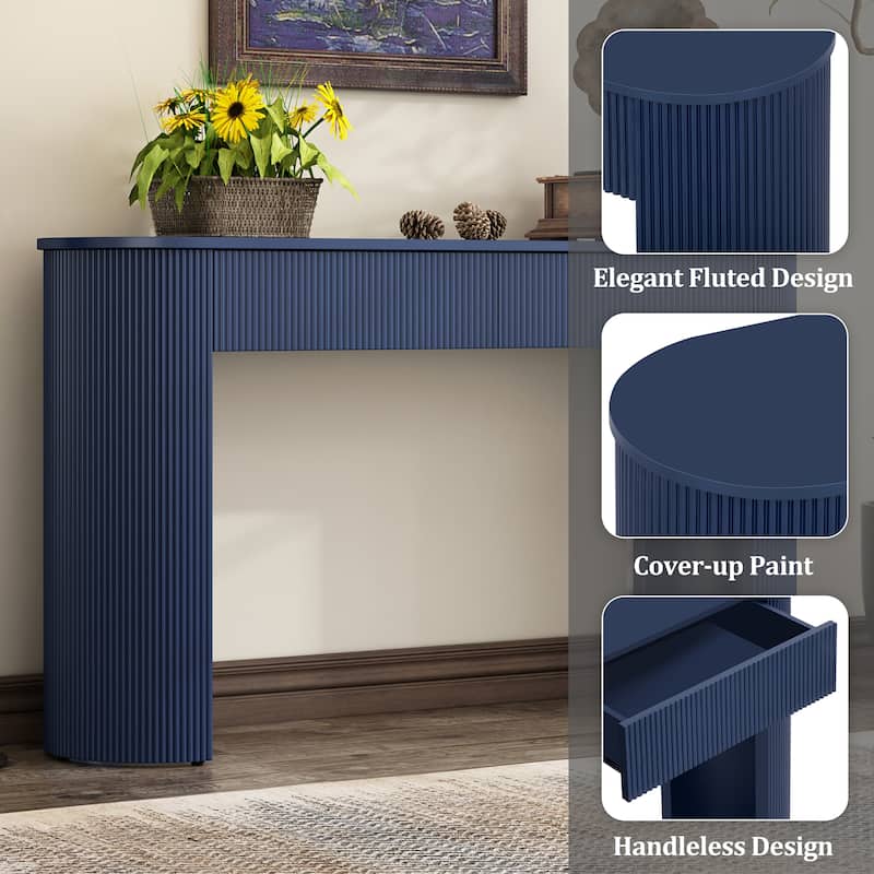 54" Fluted Design Entryway Sofa Table with Oval Top, Modern Storage Console Table with 2 Drawers for Hallway, Living Room