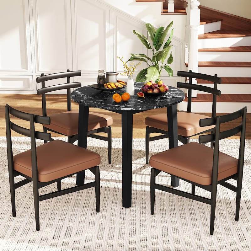 Gymax 35'' Kitchen Table Round Dining Table w/ Marble-textured Veneer