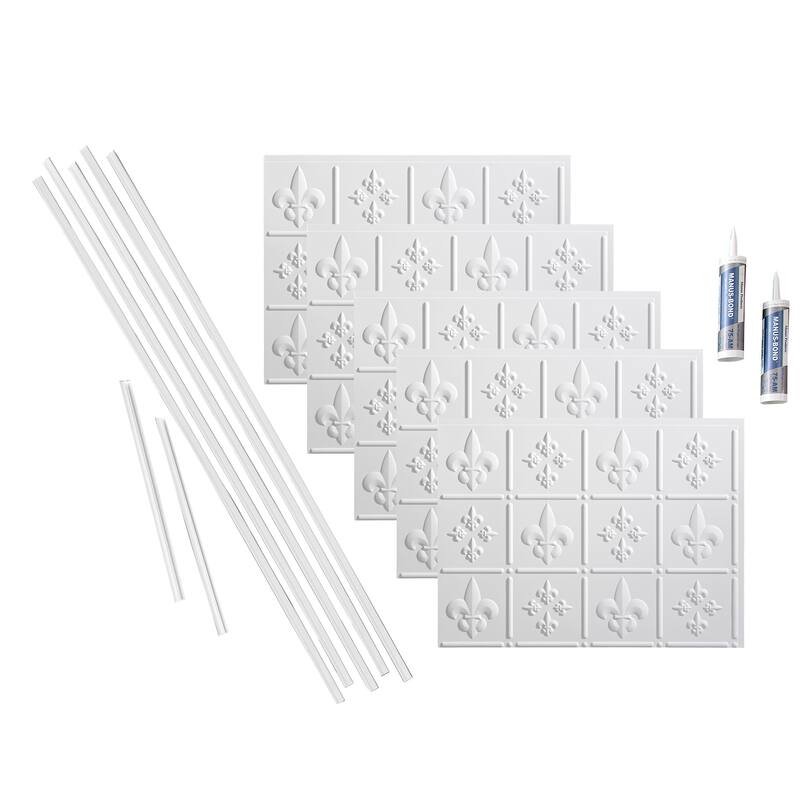FASÄDE Fleur de Lis Decorative Vinyl Backsplash Panel - 15 Sq Ft Kit - Matte White