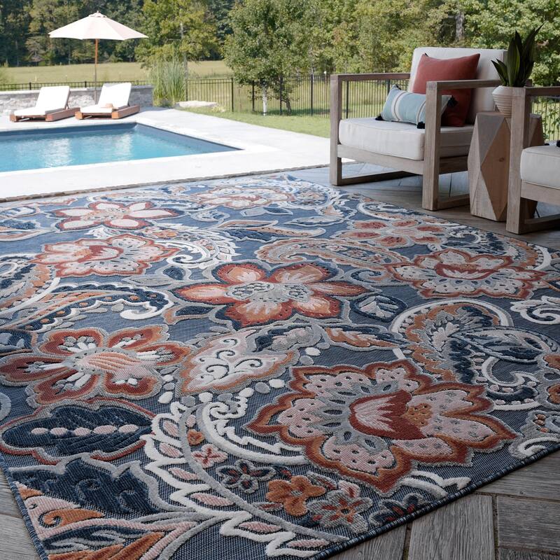 Tropicana Tropical Floral Indoor/Outdoor Area Rug - 5'1'' x 7'3'' - Dark Blue/Light Red