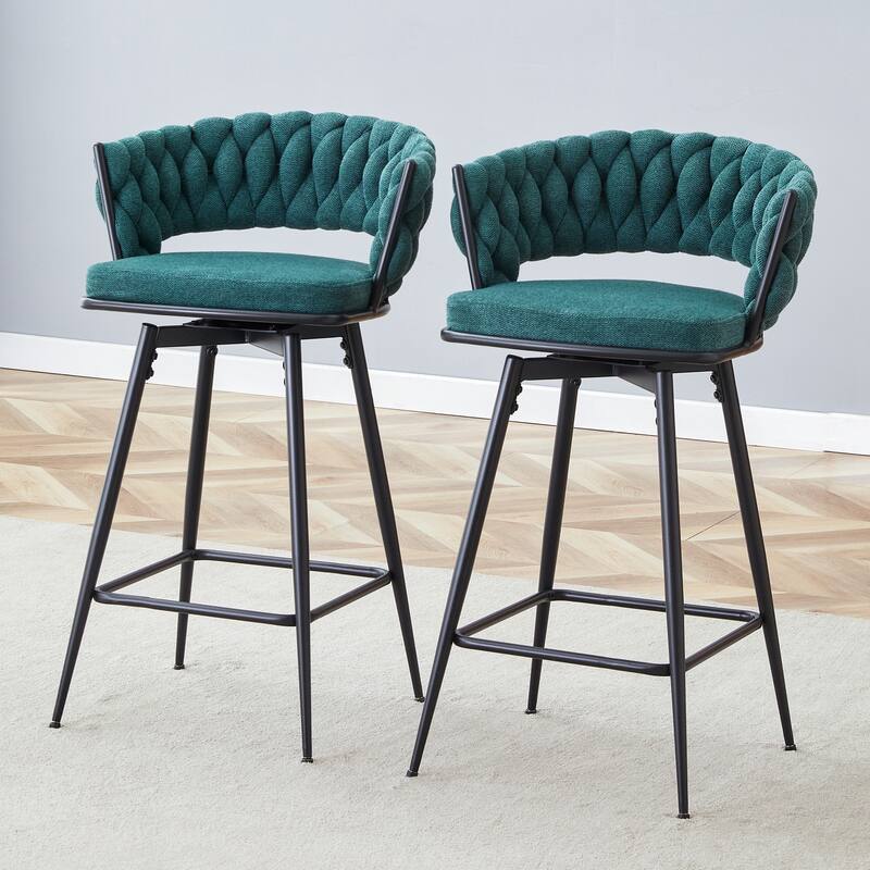 Set of 2 Bar Stools with Breathable Cotton and Linen Soft Cushions, Black spray-painted Iron Frame