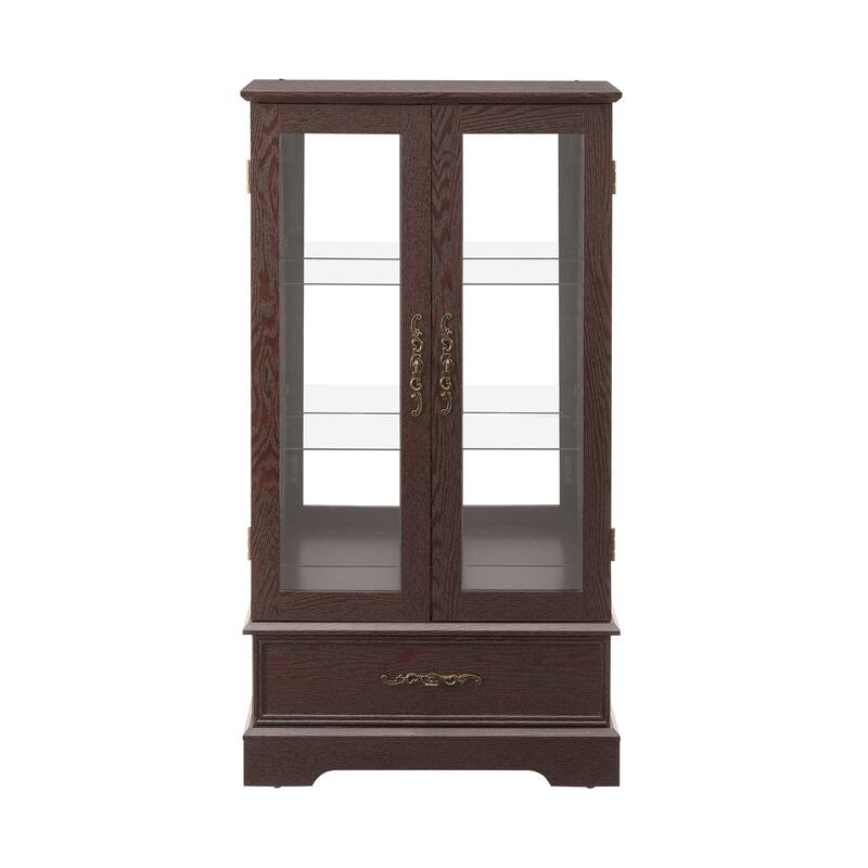 GDFStudio - Traditional Storage Lighted Curio Display Cabinet with Glass Doors and Drawer