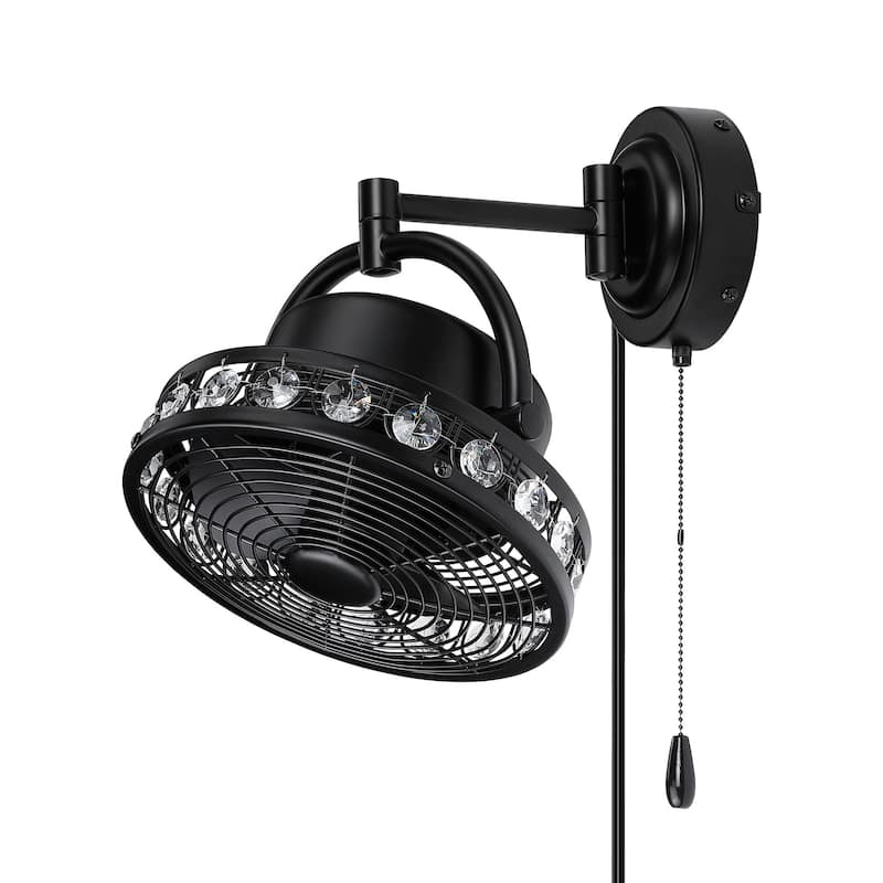 10" Modern Black Wall-Mount AC Fan with 3-Speed Pull Chain Controller