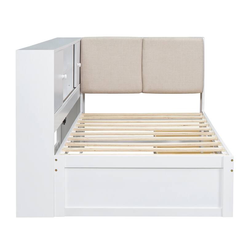 L-shaped Daybed Wooden Corner Sofa Bed Frame with Sliding Doors Bookcase Captains Bed, Upholstered Headboard Built-in Storage