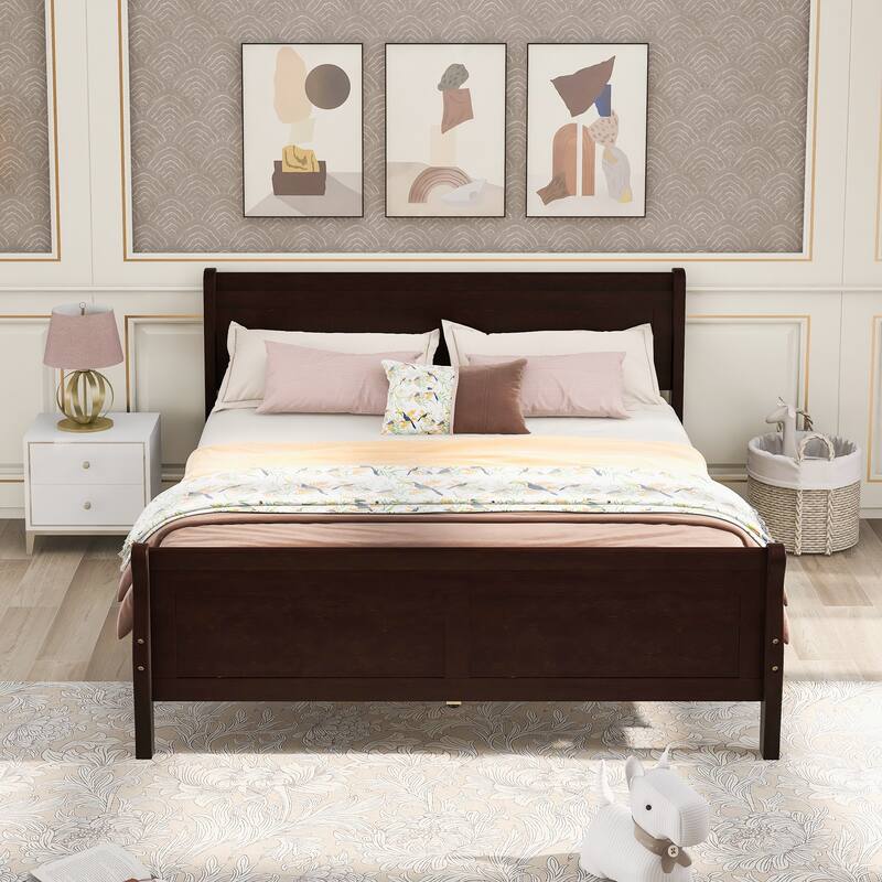 Sturdy Pine Wood Platform Bed with Oak Finish, 10 Slat Support, No Box Spring Required, Queen/Full/Twin