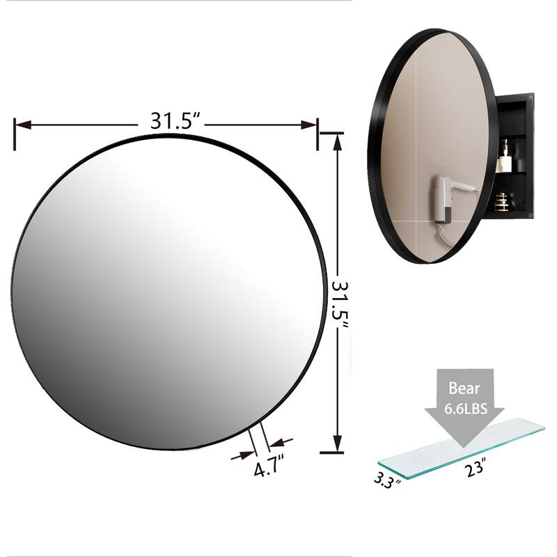 31.5 Inch Surface Mount Round Metal Framed Medicine Cabinet with Mirror and Adjustable Shelves Black Wall Mirror with Storage