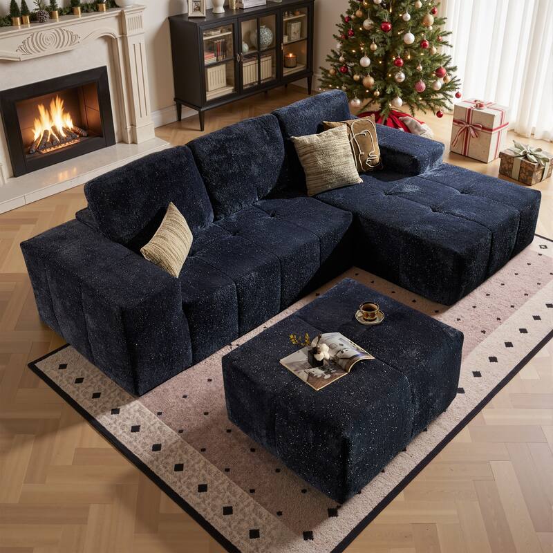HOOOWOOO Modern Sparkly Velvet Fabric Chaise Sofa Couch with Ottoman - Blue-RightChaise