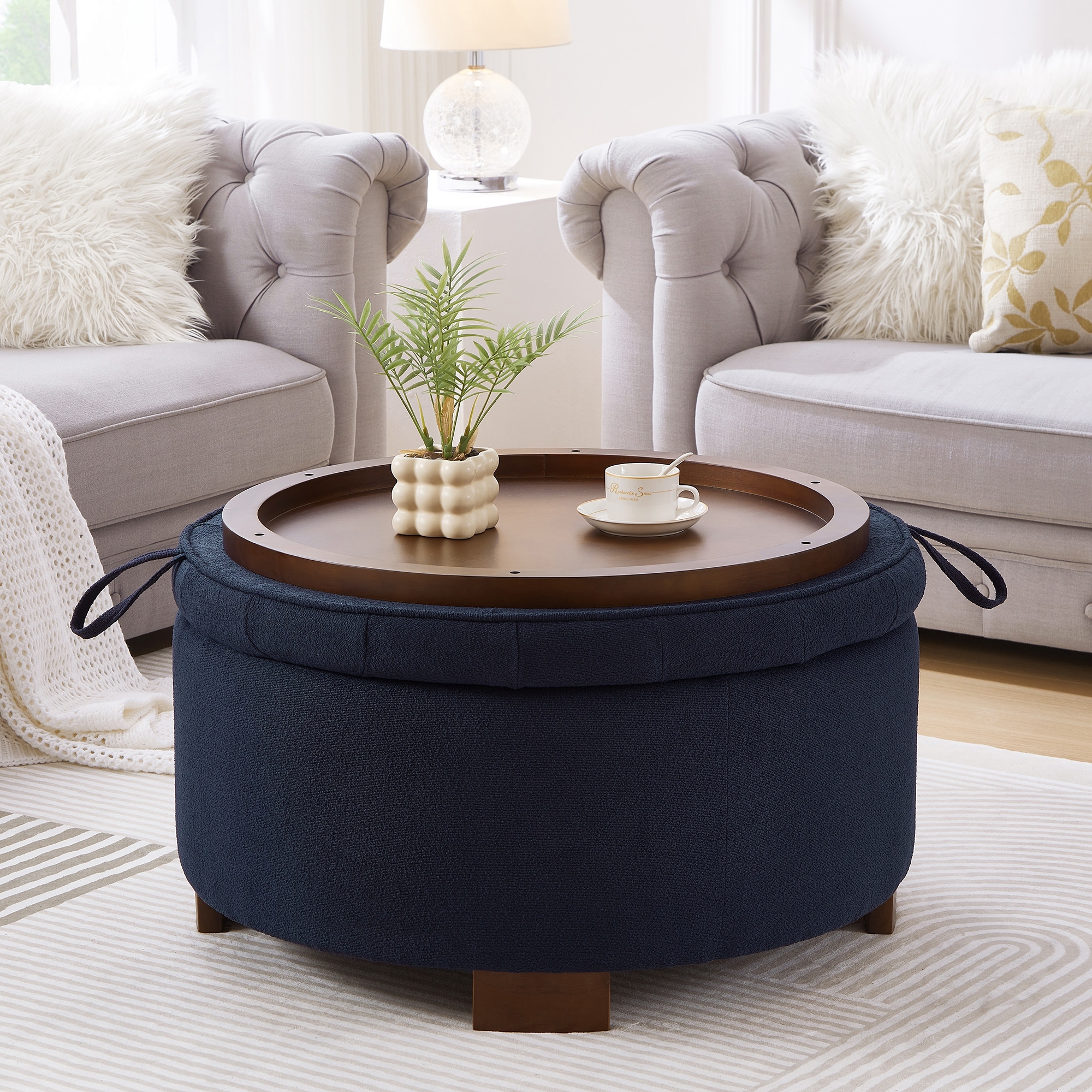 Round Storage Ottoman with Reversible Lid - Boucle Fabric Upholstered Footstool, Dual-Purpose Seat & Side Table