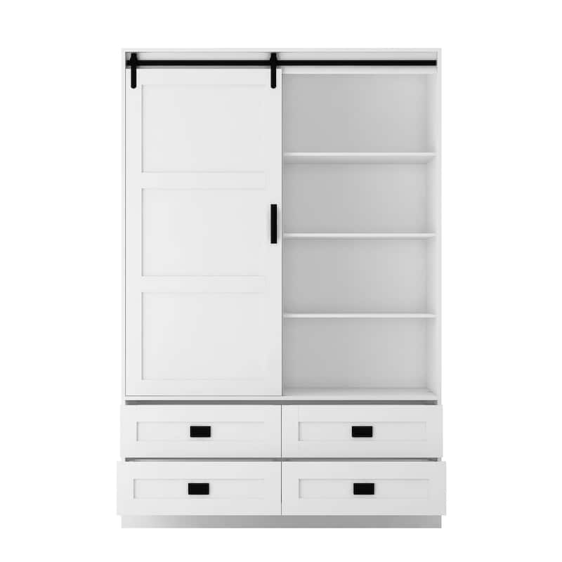 Tall Bedroom Armoire Wardrobe Closet - Clothing Storage Cabinet with Hanging Rod, Barn Doors