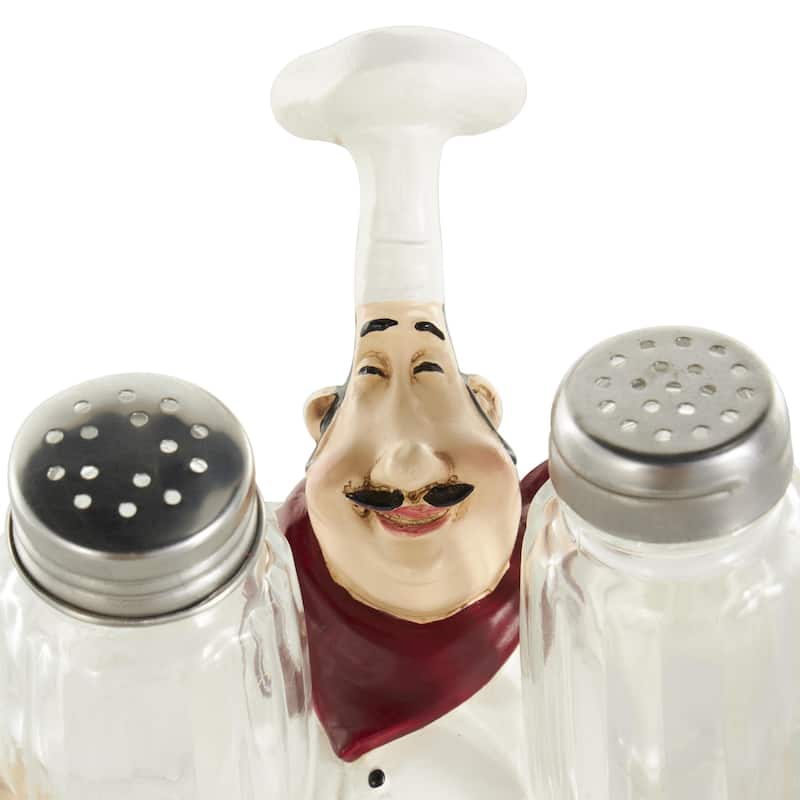 Polystone Chef Figurine Salt and Pepper Shaker Holder with Red Accents - White - Roche River Decor