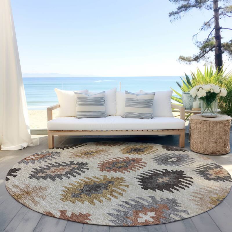 Machine Washable Indoor/ Outdoor Boho Tribal Chantille Rug - Beige - 8' x 8'