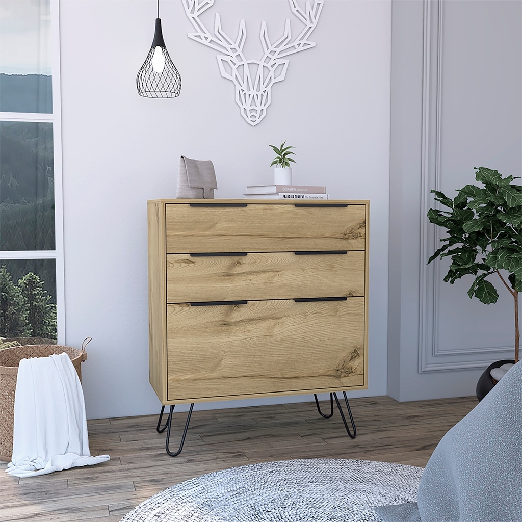 Dresser with 3 Drawers Light Oak Bedroom Living Room Hairpin Legs Superior Top Steel Legs 35 Inch Height