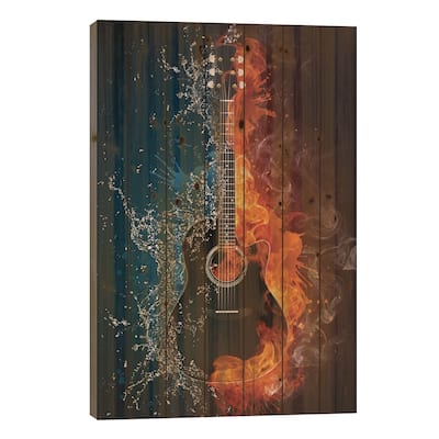 Acoustic Guitar Fire And Water Print On Wood by VisualGeneration - Multi-Color