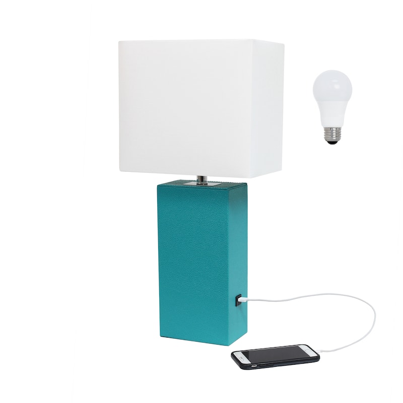 Elegant Designs 21" Modern Leather Wrapped Table Lamp with USB Port, With LED Bulb - White Shade/Teal Base