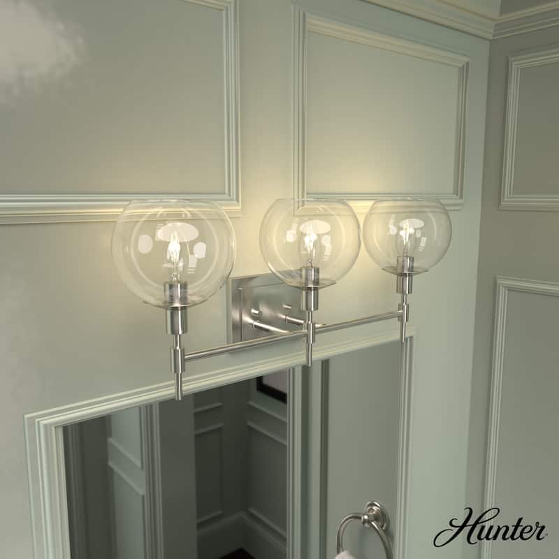 Hunter Xidane Vanity Wall Light - Bathroom, Mid Century Modern, Glam - Clear glass - 3 Light - Brushed Nickel-Clear Glass