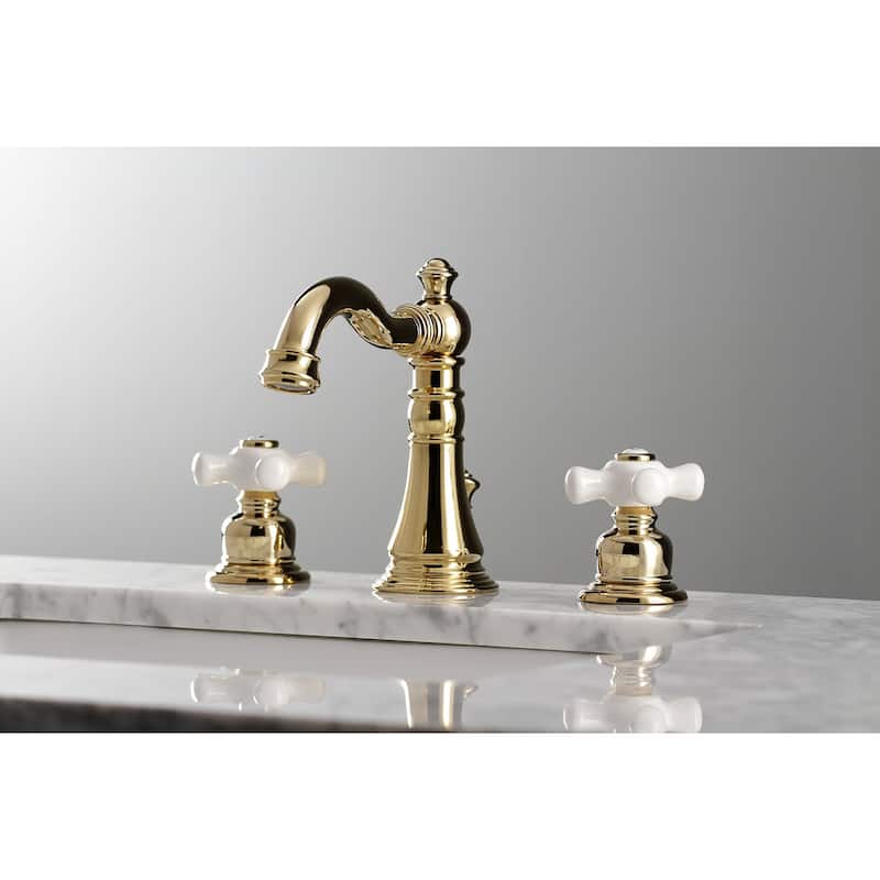 Kingston Brass American Classic Two-Handle 3-Hole Deck Mount Widespread Bathroom Faucet with Pop-Up Drain - Polished Brass