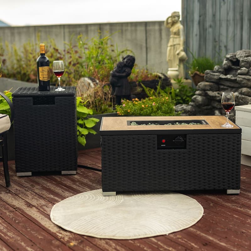 Outdoor Propane Fire Pit Table Set 40000 BTU Rattan Patio Heater with Lid and Tank Holder Ceramic Tile Top for Deck Backyard - Black