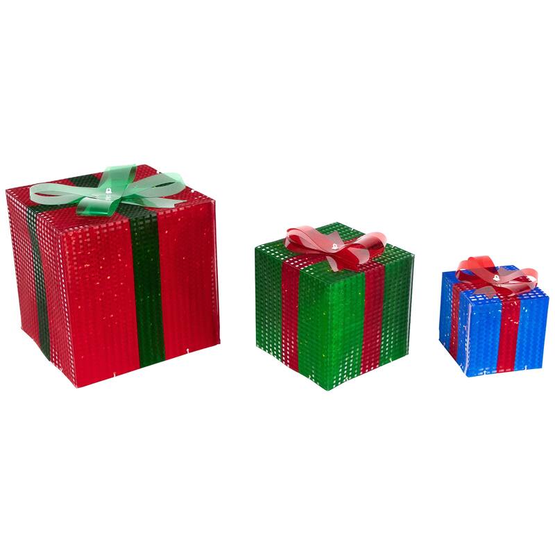 Set of 3 Red Green Lighted Gift Box Outdoor Patio Christmas Decor 10"
