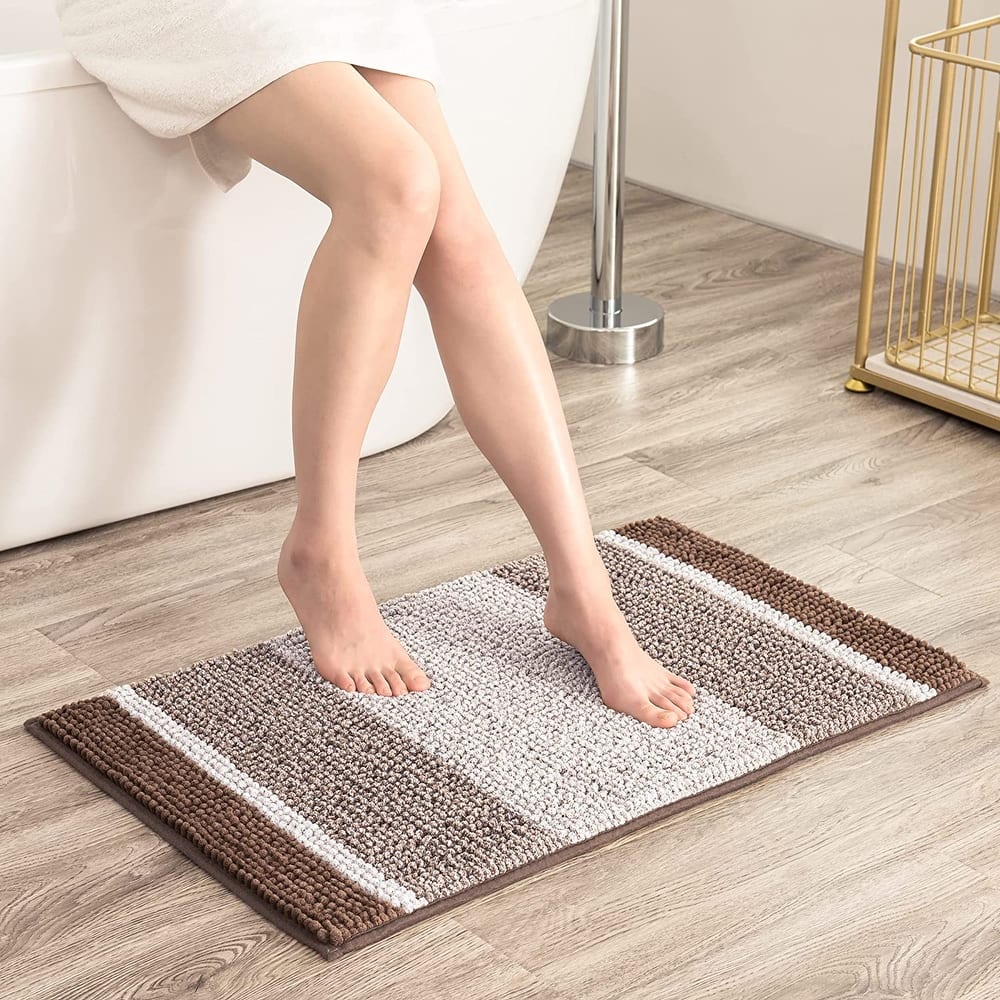 Subrtex Rugs Chenille Gradient Stripe Pattern Soft Plush Bath Rug Shower Water Absorbent Mat