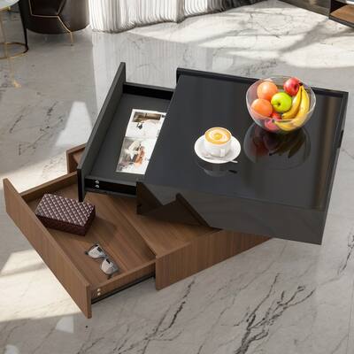 Swivel Tabletop Coffee Table with 2-Drawers, Black