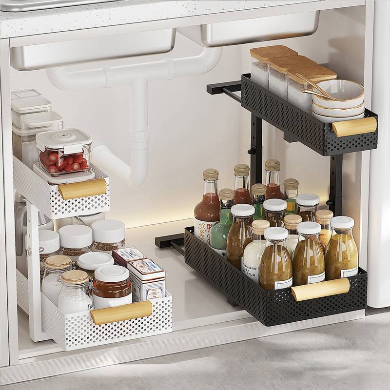 Under Sink Organizer, 2 Packs 2 Tier Under Sink Organizers and Storage, Slide Out Pull Out Cabinet Organizer Shelf