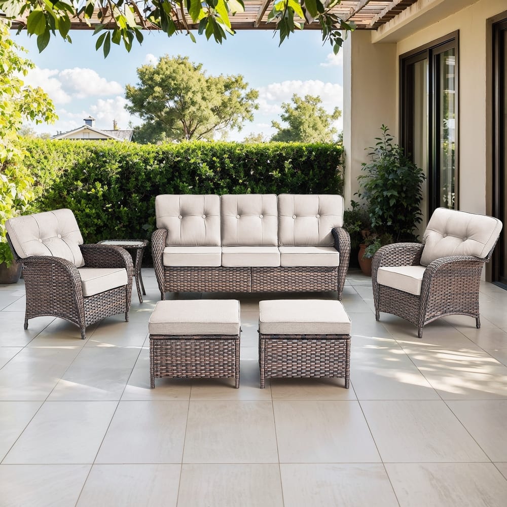 Gymojoy 6-Piece Outdoor Wicker Patio Furniture Set, 5" Thick Cushioned Rattan Conversation Set