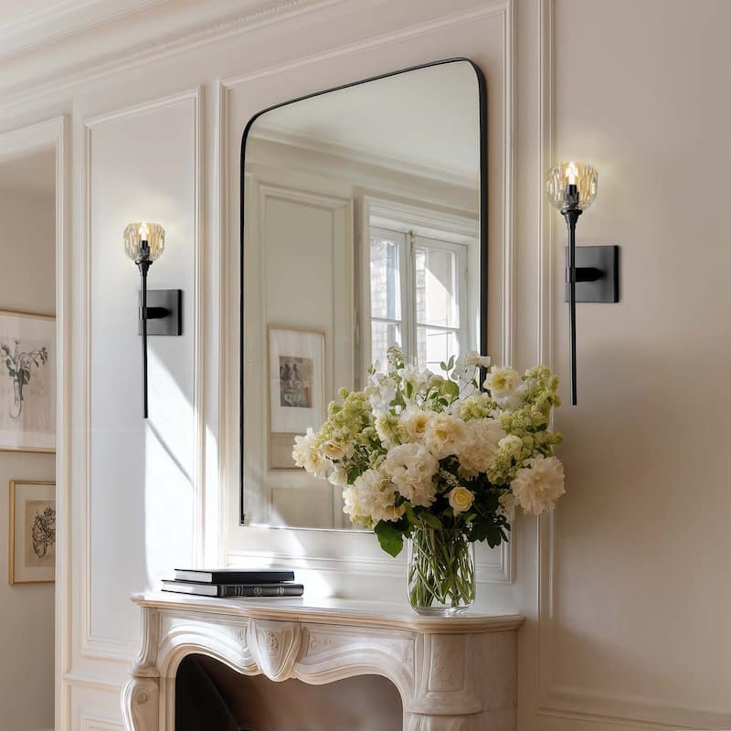 Modern Armed Wall Sconce - Metal, Glass & Matte Black, Crystal Clear 1-Light Wall Sconce for Bedroom or Bathroom in Modern Style