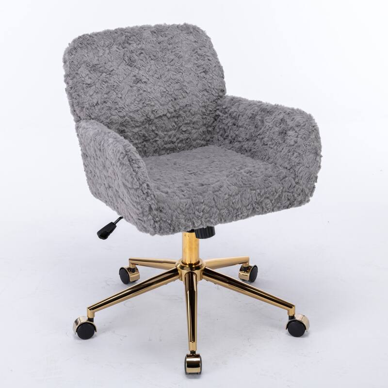 Roomfitters Faux Fur Office Chair, Adjustable Swivel Desk Chair with Gold Metal Base, Modern Vanity Accent Chair