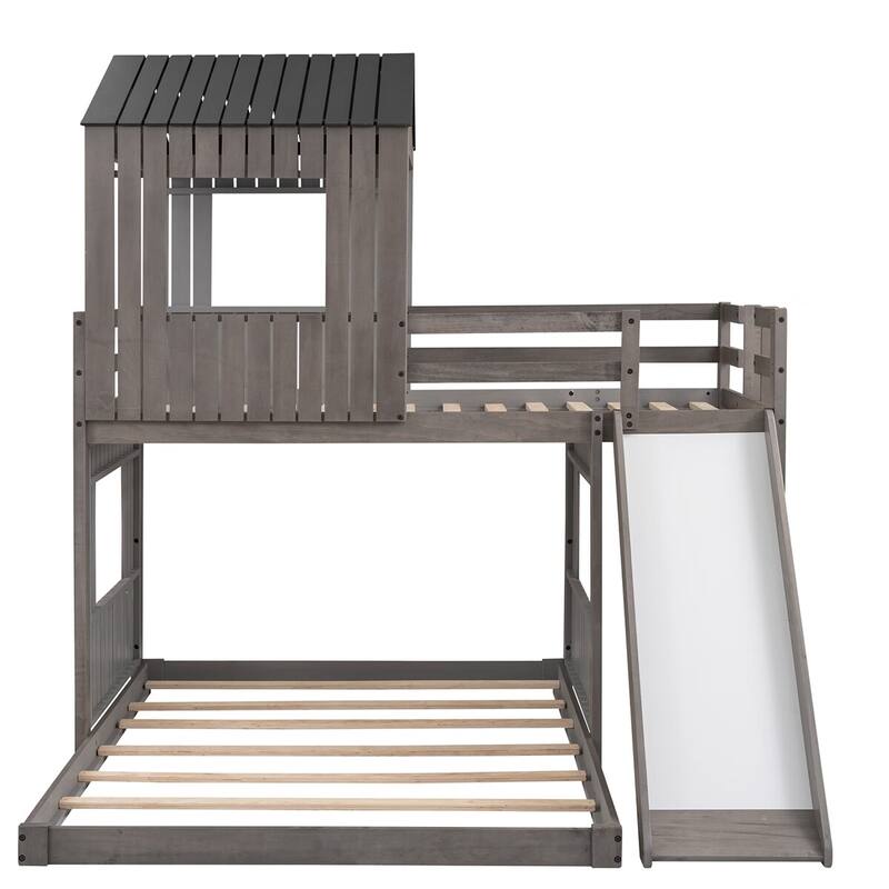 Merax Wooden Twin over Full Bunk Bed with Playhouse, Farmhouse, Ladder, Slide and Guardrails
