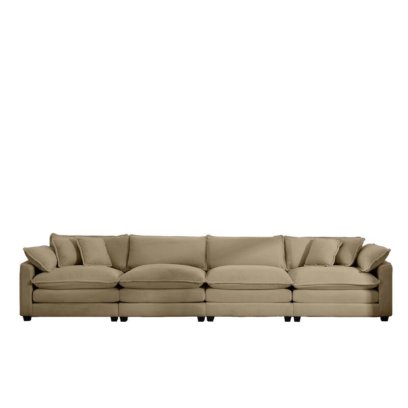 Corduroy Fabric Sectional Sofa Set with Seat Cushions and Pillows, 4 Seater Upholstered Sofa with Removable Armrests