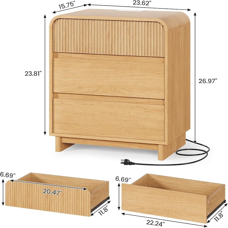 Fluted Nightstand with Charging Station 3 Drawers Dresser End Table